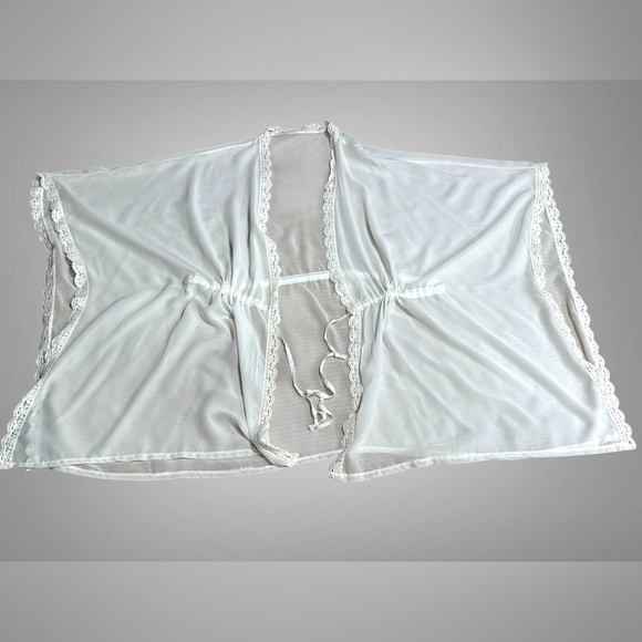 Ivory Sheer Lace Trim Boho Kimono Cardigan Tie Waist Open Front - Picture 3 of 8
